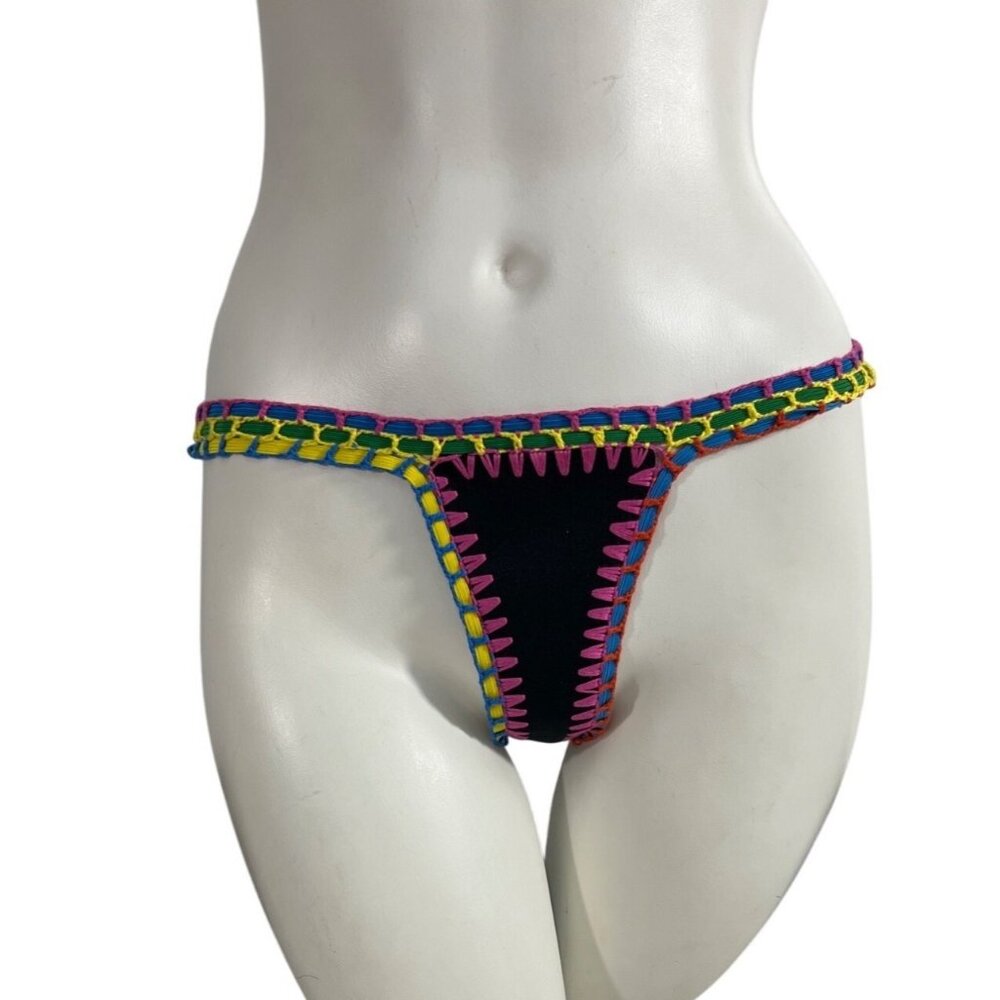 ReeBees Womens Large Black Bikini Bottom With Multicolor Crochet Trim Sz L- NWOT